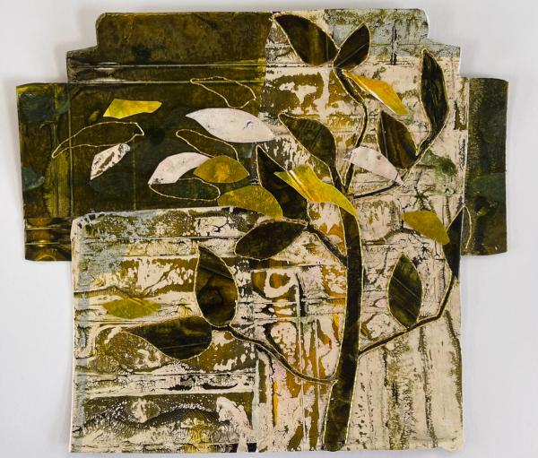 Textured leaf painting on repurposed chocolate block wrapper. Artist Elizabeth Harcourt.
