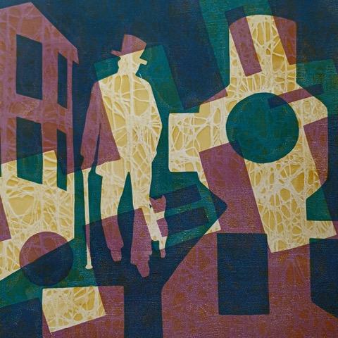 Print with over-lapping inks in burgundy and deep blue-green. Architectural forms and the statue of John Plimmer and his dog appear in silhouette. Artist Margaret-Anne Barnett