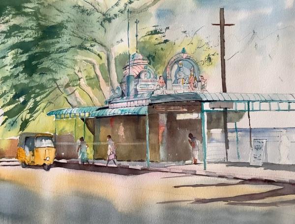 Water colour sketch/ painting of a rural street scene in India. Artist Sankar Ramasady