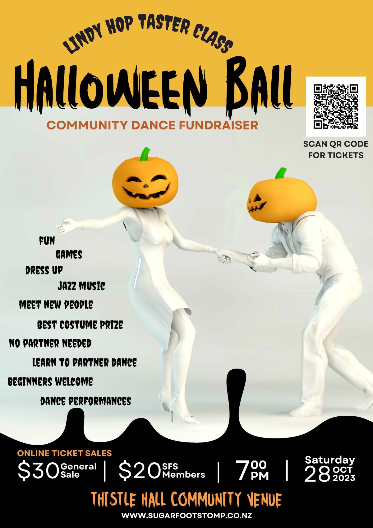 Spooky and cute poster for Sugarfoot Stomp Hallowe'en fundraiser dance.