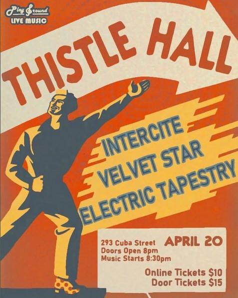 Soviet propagnda style poster for gig. Playground Live Music presents Electric Tapestry, Velvet Star, and Intercite. 