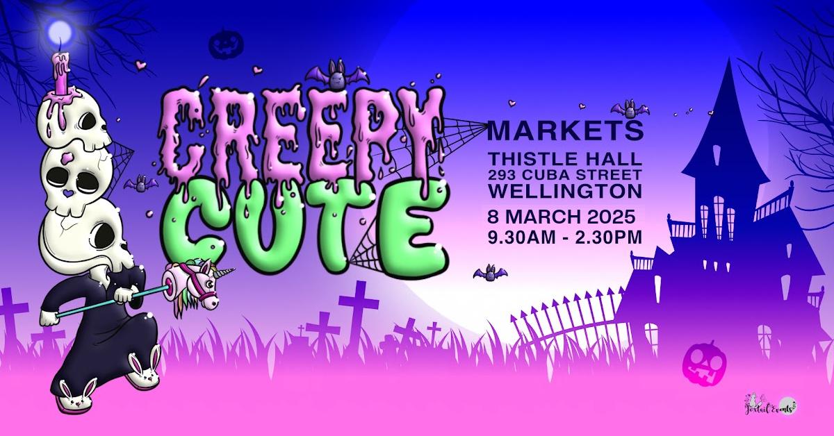 Creepy Cute market poster. Features illustration by Janna Karl of cute bunny slipper wearing skeleton.