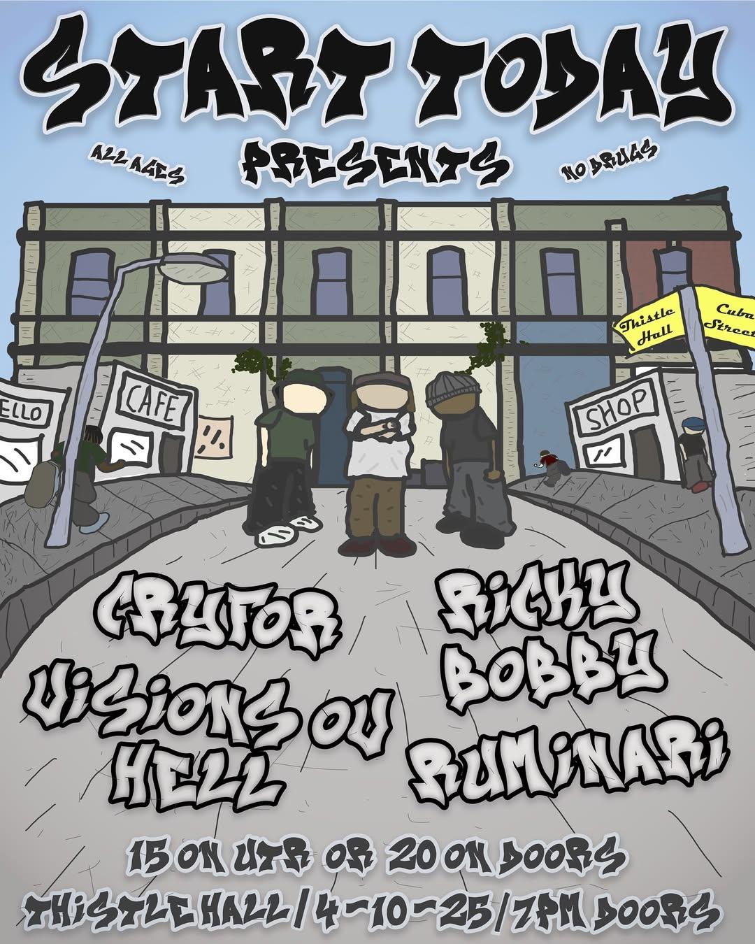 Start Today gig poster shows 3 people outside a row of buildings in a simple digitally drawn style
