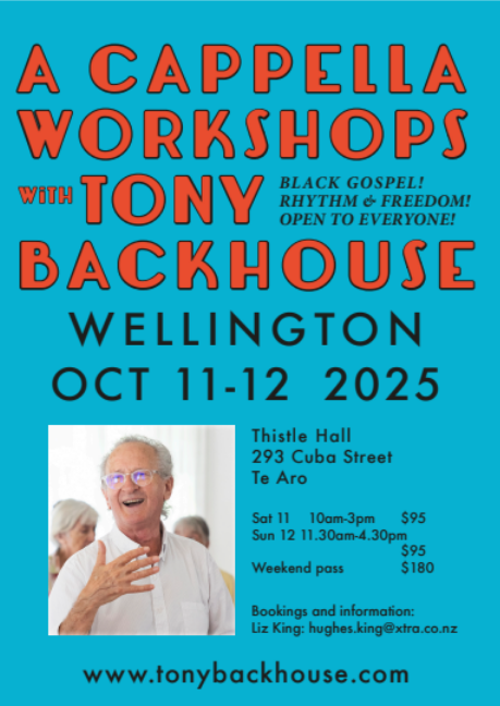 A poster for A Cappella Workshops with Tony Backhouse