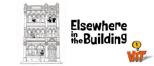 Black and white line drawing of a 3 story old building for Elsewhere in the Building event