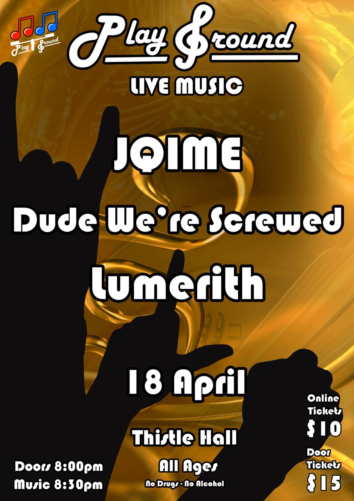 Play Ground poster with band names and sillhouettes of hands in the air