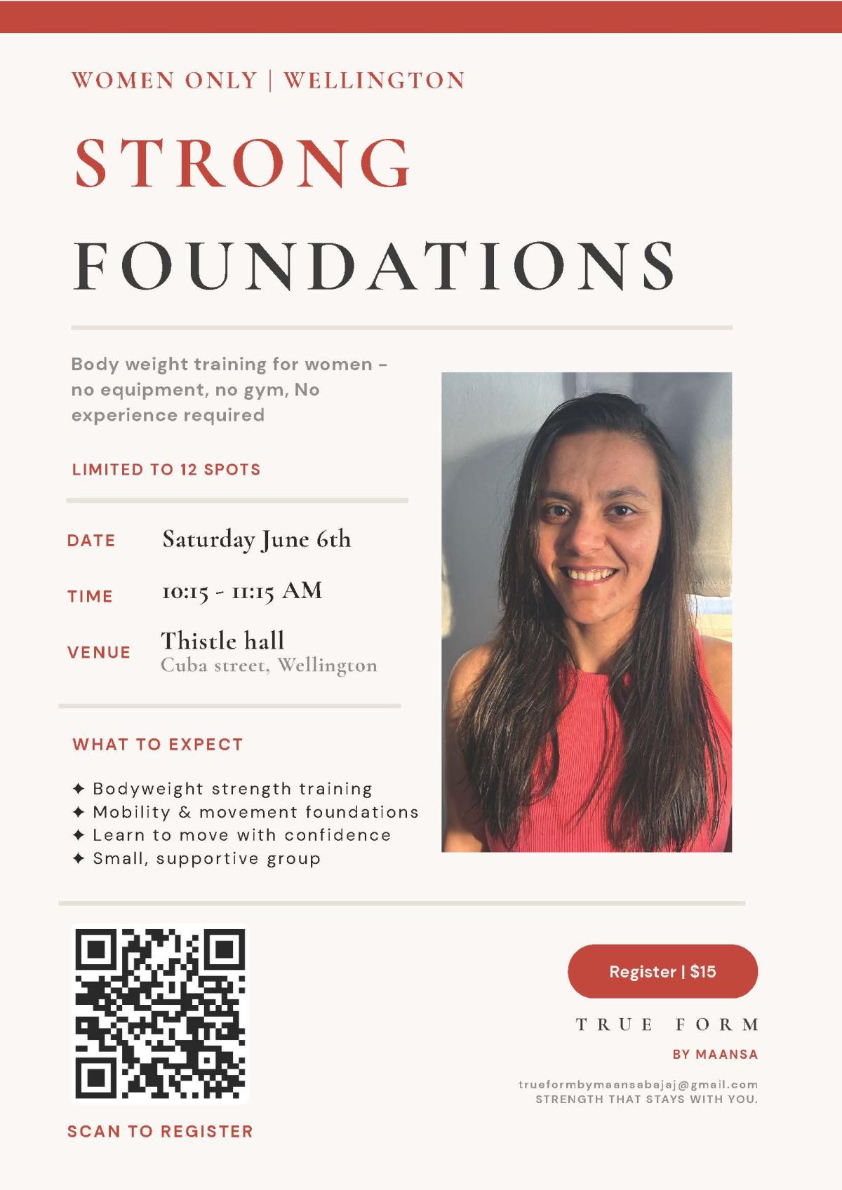 A poster for Strong Foundations including a headshot of the fascilitator and info on the event 