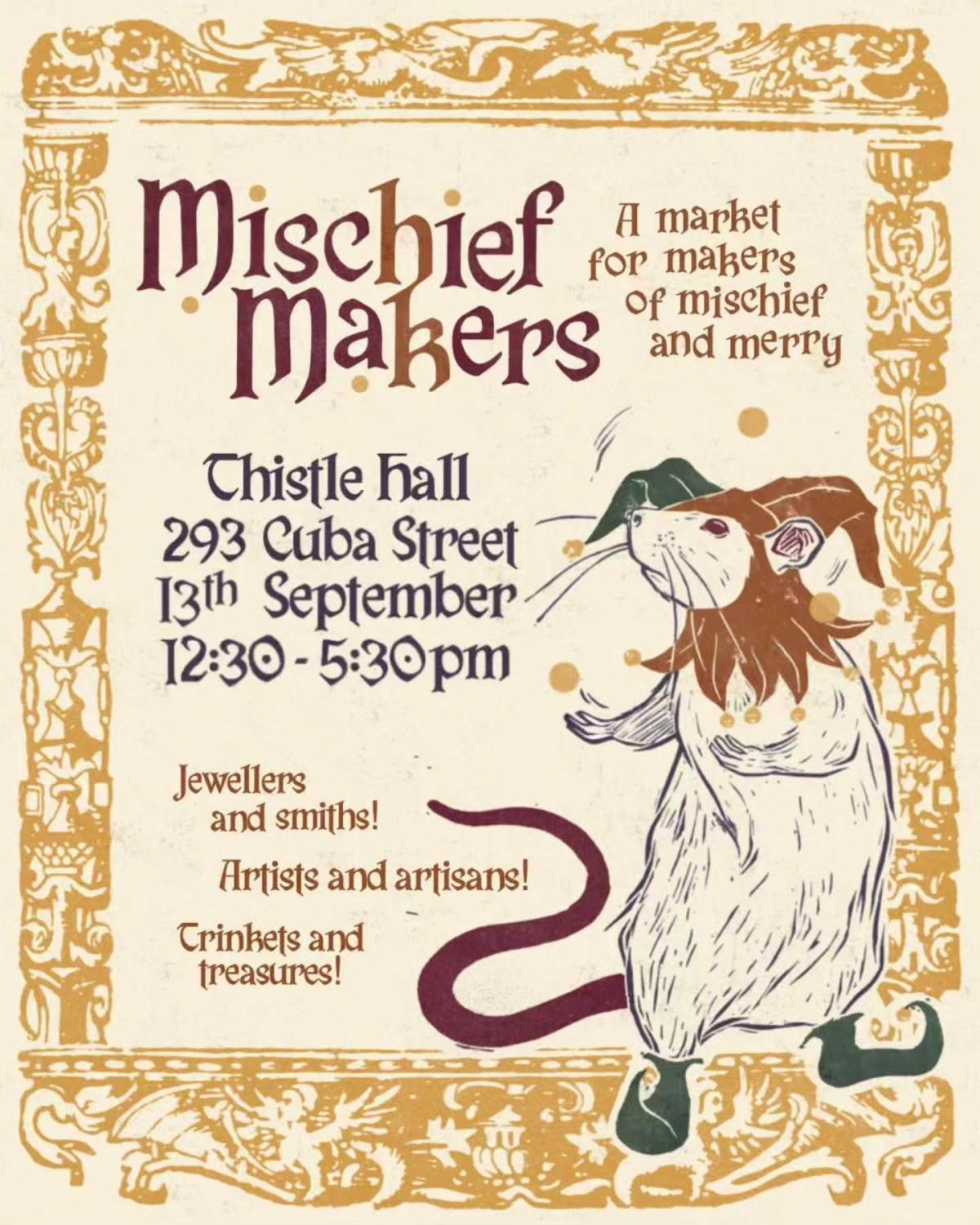 Mischief Makers Market medievil-style poster with an illustration of a rat wearing a jesters hat
