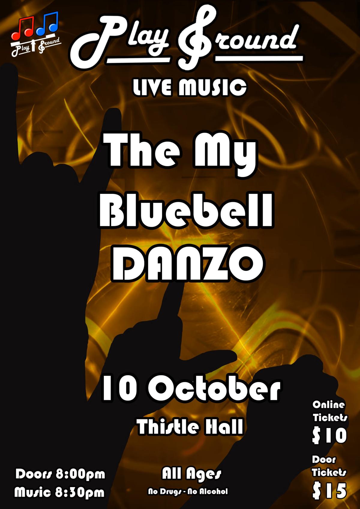 Playground Live Music Poster with text and silhouette hands in the background