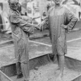 Johanna Sanders and Val Smith in a mud-wrestling anti-bypass performance, 1994.