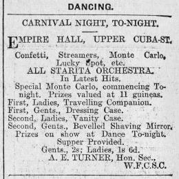 The social committee of the Watersiders' Football Club carnival-themed dance advertisement in the Evening Post, 1927.