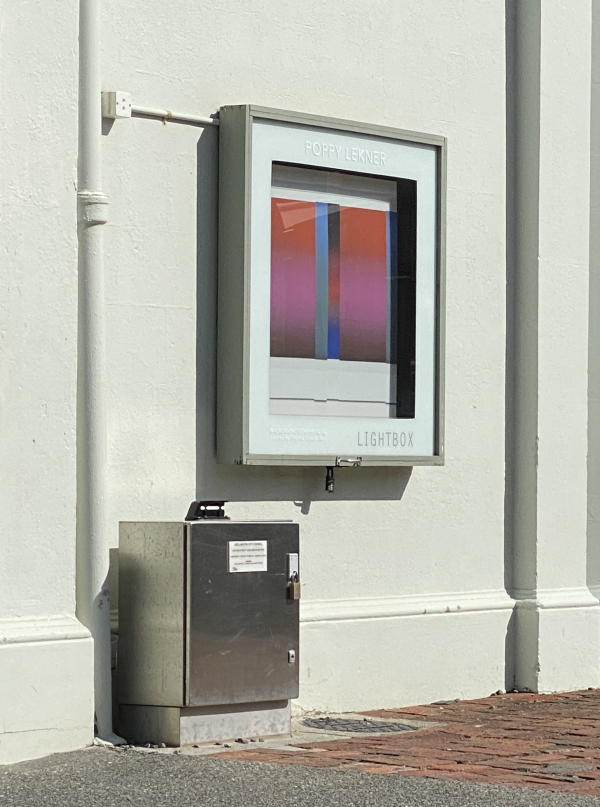 lightbox display on wall of Thistle Hall in daylight with cameraless photographic image, bright bands of colour