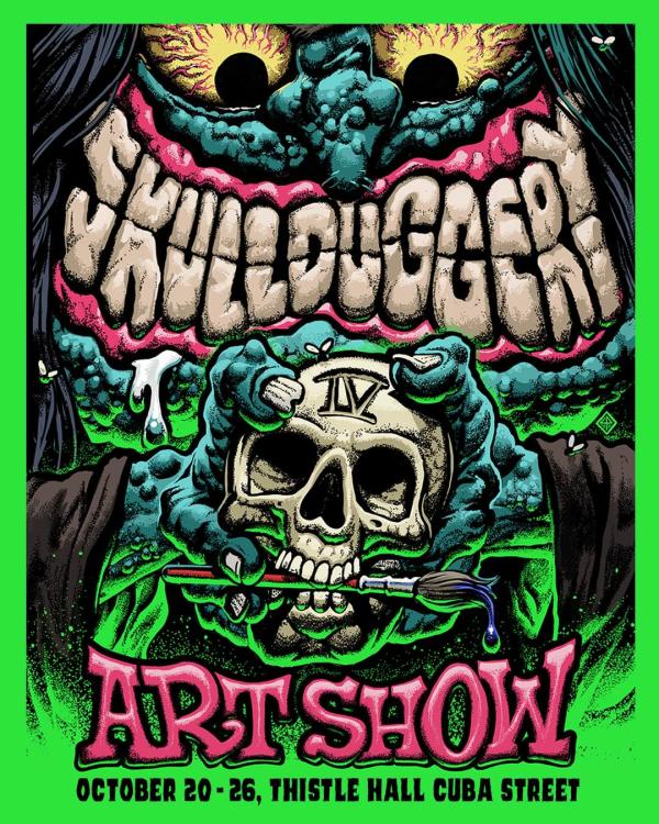 A poster for the Skullduggery art show with a blue creature holding a skull with a paintbrush in its mouth, in an almost graffiti-like painted style