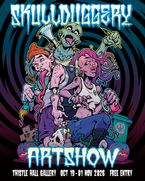 A vibrant poster of cartoon/comic-style horror people in the centre and a swirly spiral in the background
