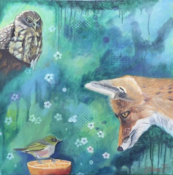 An ethereal painting of a fox, owl and bird