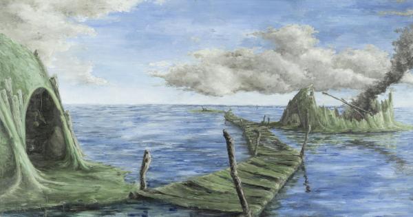 A painting of a cave-like structure and a bridge in ruins lie in the ocean