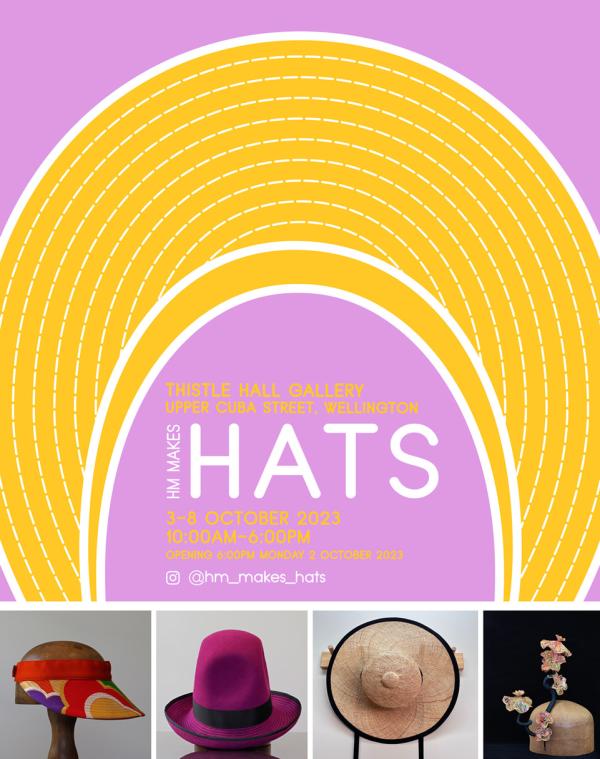 Exhibition poster featuring hats by Hayley May