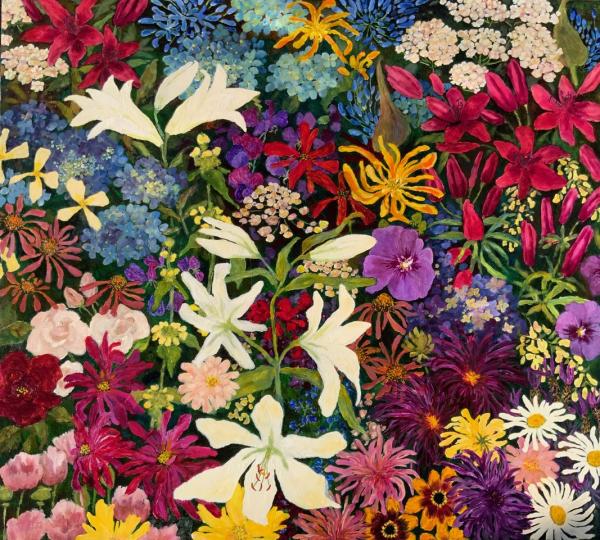 A colourful painting with many different kinds of flowers