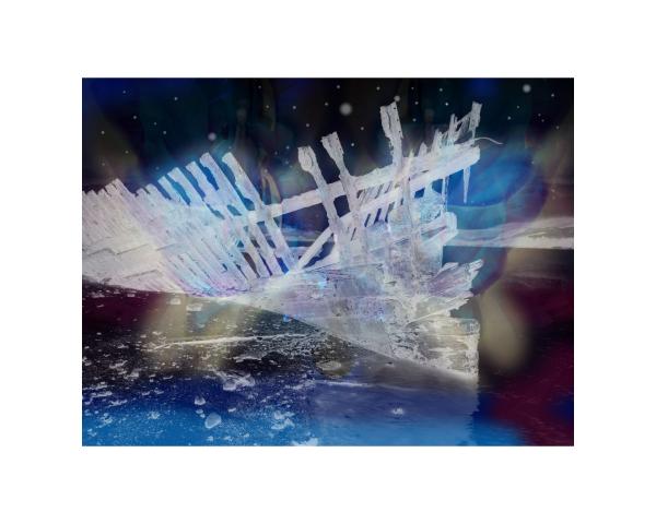Artwork by Neil Johnstone. A wrecked ship lists in the sands. The broken wooden ribs of its hull glow white in photographic negative. Other images seem to be double exposed - light flares and oil slick rainbow pools.
