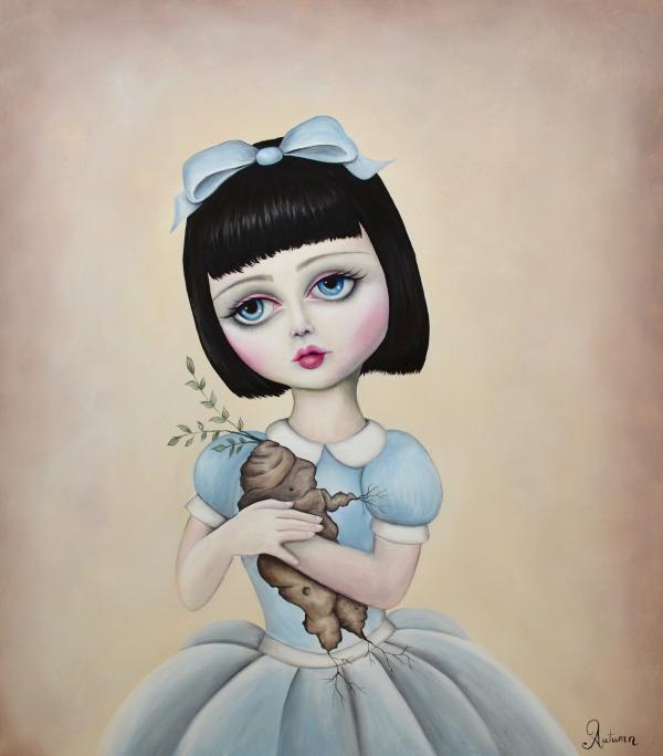 Doe eyed doll cradling a mandrake root, painting by Autumn McGrail