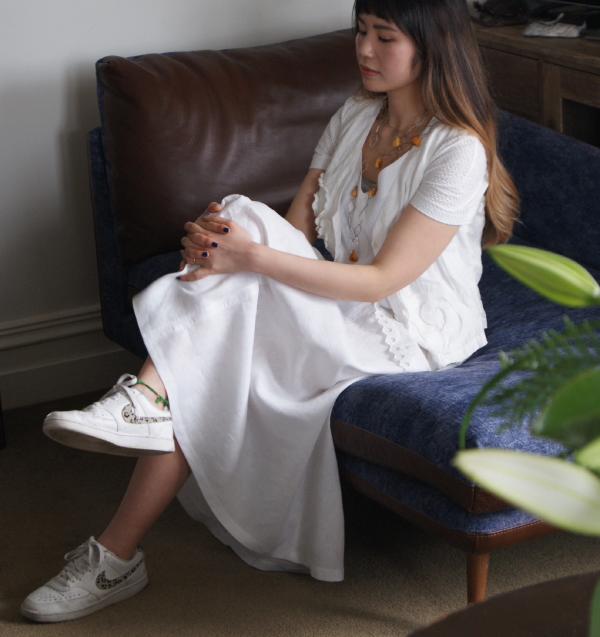Sustainable handmade fashion from By-Bea. White linen maxi-dress