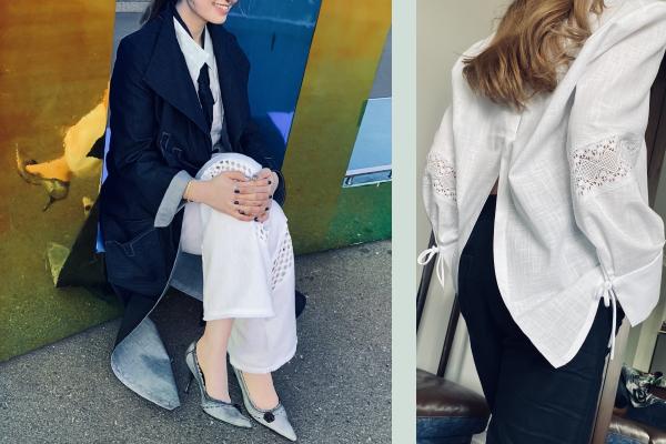 Two sustainable handmade fashion ensembles from By-Bea. White wide-leg pants and crisp shirt worn with black suit jacket and neck tie. Relaxed fit linen shirt with back opening and lace insets worn with jeans.