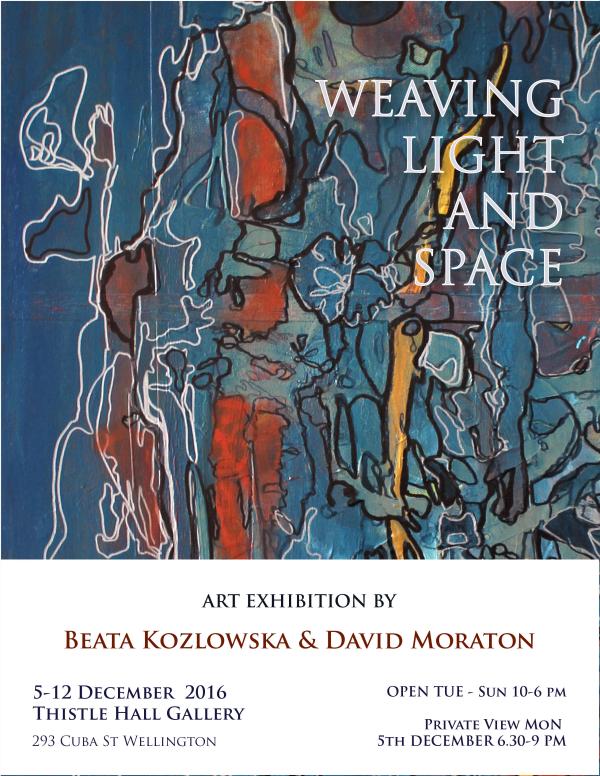 Poster for "Weaving Light and Space" an exhibition by Beata Kozlowska and David Moraton
