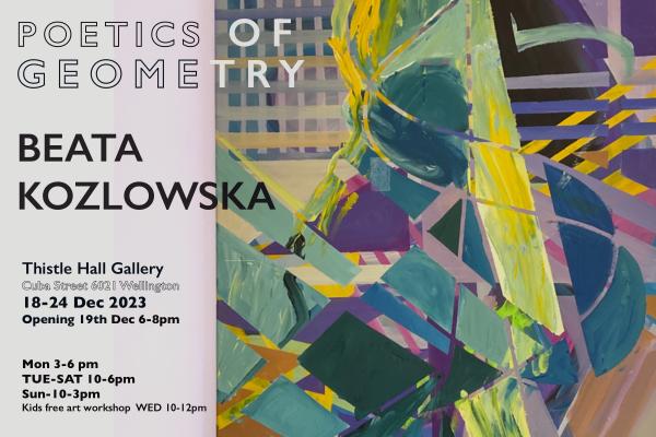 Invitation to Beata Kozlowska's solo exhibition. Features Truly You, an abstract geometric painting in fresh colours. 