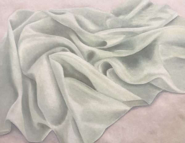 Study of ripples and folds in white satin. Painting by Nadya Nicholson, Still life with satin on a table