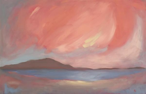 Sea and cloudscape painting in soft red and dusky grey. Painting by Rachel Radford, Hauraki New Zealand, oil on canvas