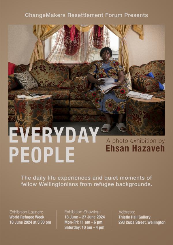 Poster for 'Everyday People". Photograph by Eshan Hazaveh, a portrait of a person from a refugee back ground at home in their living room.