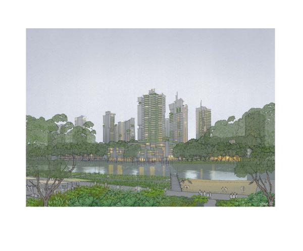 Watercolour style architectural illustration from Stantiall Studio. Kallang view (Singapore). Skyscrapers at dusk emerge from trees and a river. Window lights reflect in the calm water.