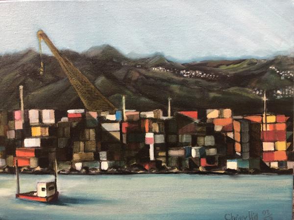 Urban view painting by Chrissy Hill of Stantiall Studio. Wellington Container Terminal. Blocks of shipping containers in solid orange and red tones are piled before Wellington harbour hills.