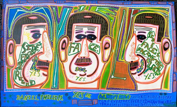 Colourful image by autistic artist Daniel Phillips. Portrait of a moustached man in three views: right profile, straight on and left profile. Dots embellish the background and text is written on top, labelling the face parts and commenting on the painting - "Always like the art alot all the time, everyday and more than alot everytime and for every yes!"