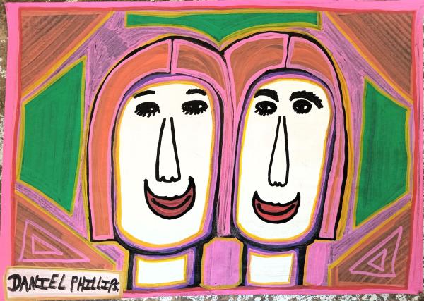 A pair of smiling faces. Both have the same haircut and are touching cheek to cheek, with calm and joyful smiles. Artist Daniel Phillips.