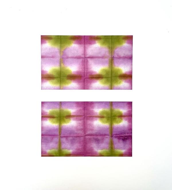 Tatoushi wall art in magenta and chartruese on paper 2024. Group exhibition works by Yvonne de Mille