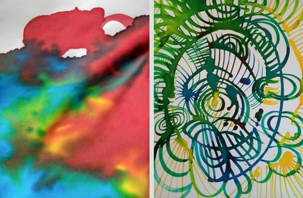 Colourful ink drawings by Deirra McMenamin. A rainbow ink blot and an abstract spiral form in green and blue.