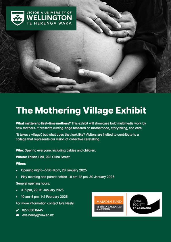 poster/flyer for "The Mothering Village Exhibit". Featured image is a black and white portrait of a pregnant belly, cradled by two pairs of hands 