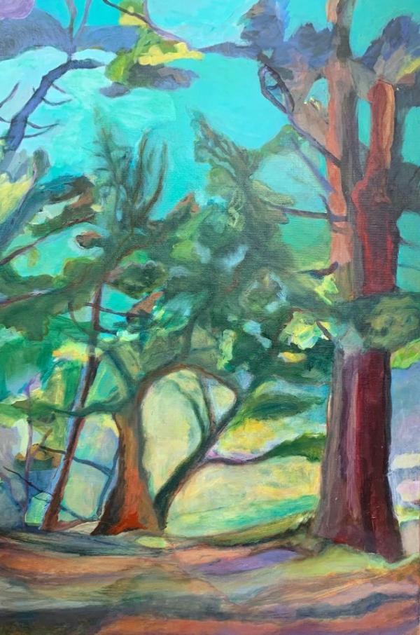 Painting by Debbie Rawsley. Loosely painted pine trees pulse with colour against a vivid turquoise sky.
