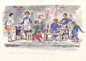 John Less, 1993: Sidewalk food vendor with family in post-war Shanghai 