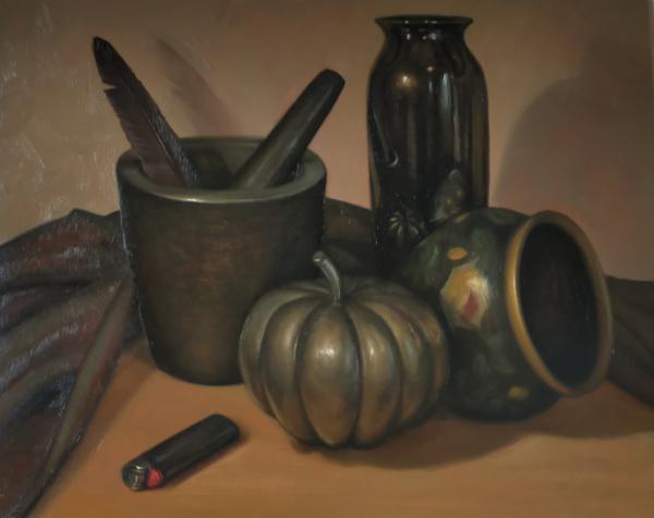 Back in Black, Oil on ACP by Jonette Murray, a still painting of various objects on a surface