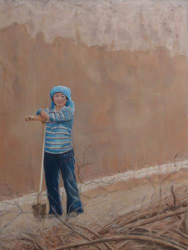 Pastel painting “Woman is half the sky” by Karen Lang. A woman farmer pauses in her work. She rests her crossed arms on an upright spade.