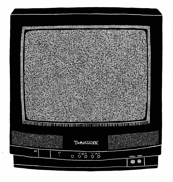 Black and white illustration by Tomollusk. An old school TV with screen filled with static. Close up the static dots reveal themselves to be cartoon characters.