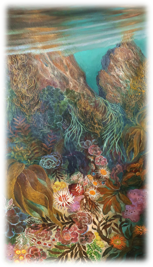 A painting by Margaret Elliot. Underwater scene of coral, highly detailed and jewel-like.