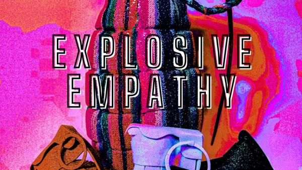 Colour drenched image of grenade and stencilled text for Explosive Empathy exhibtion by Melanie Fleet.