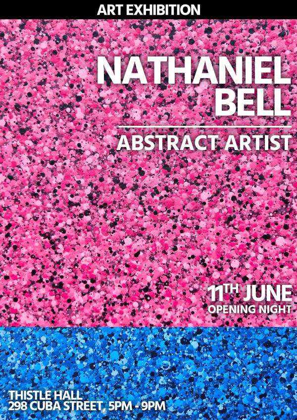 Poster for "Artist's Floor" exhibtion by Nathaniel Bell. Flat image fills poster showing a canvas layered with spray paint, creating an abstract image reminiscent of bright pink television static.