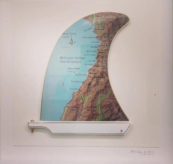 Surfboard fin by Nick Marshall. Inlaid/ painted with map of Wellington Harbour's eastern shore.