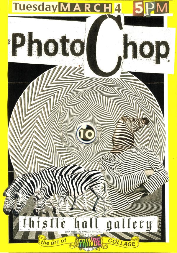 PhotoChop 10 poster by Markus McIntyre. A riotous collage of op-art zebras in a National Geographic style yellow boarder.