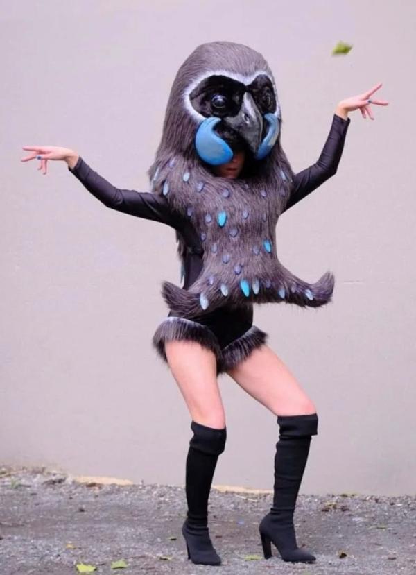 "Call of the Kōkako" wearable sculpture by Stephanie Cossens. The model's arms and boot clad legs are a sureal juxtupostion with the outsized bird head and body made from aluminum, dacron, faux fur and ceramics..