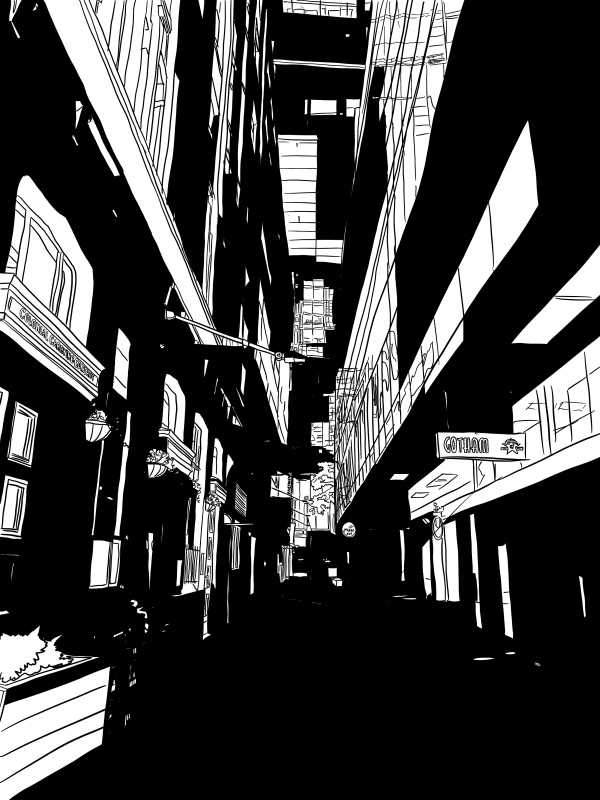 Drawing by Renee Banks of Chews Lane, Wellington. Deep black shadows and dramatic vanish point draw you into a narrow lane 